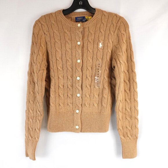 Polo Ralph Lauren Cable Knit Cotton Cardigan in Camel Brown Size Small - NWT - Picture 1 of 9